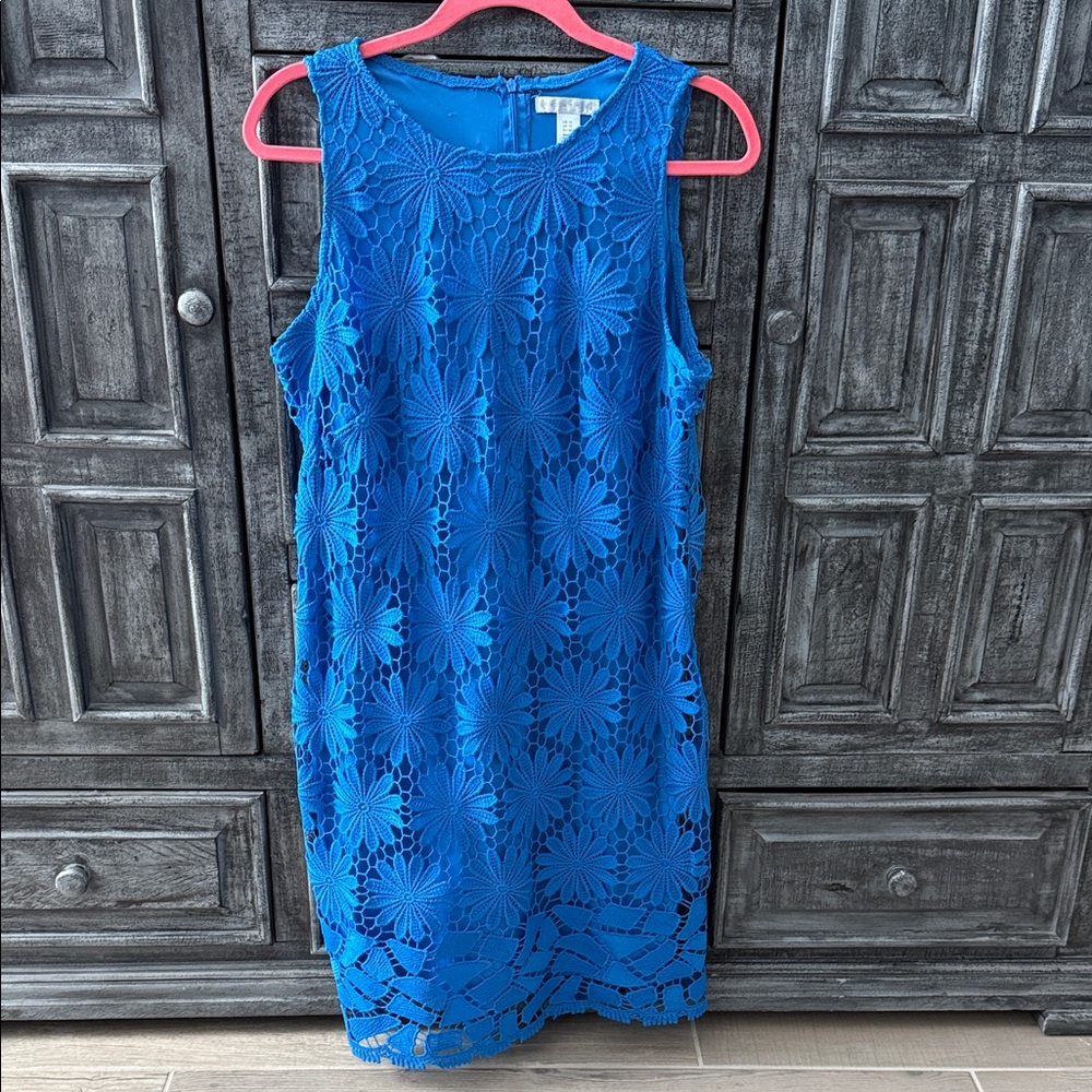 NWOT London Times Vibrant Blue Floral Lace Midi Dress